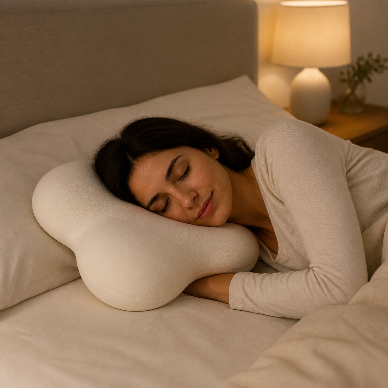 Adult side sleeper resting on the Xbound cloud contour memory foam pillow