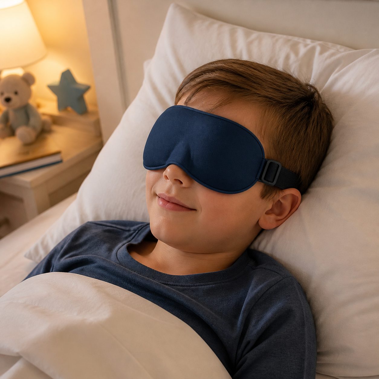 American child wearing the navy Xbound blackout sleep mask in a warm bedroom