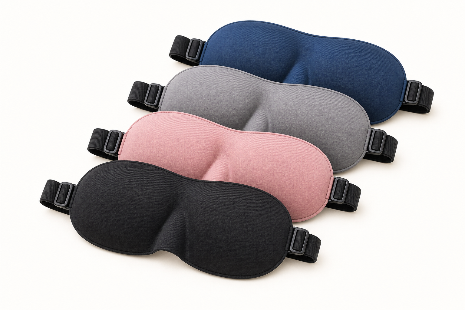 Four Xbound kids 3D sleep masks with matching contoured eye-cup construction in black, rose pink, soft gray, and ocean blue