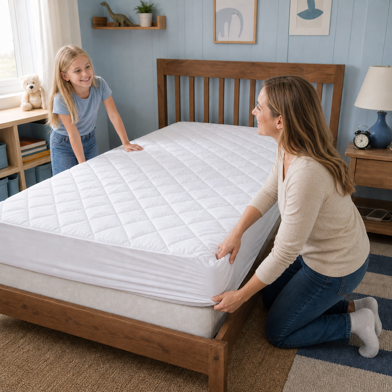 Caucasian American mother and daughter fitting a white quilted Xbound mattress protector onto a bed