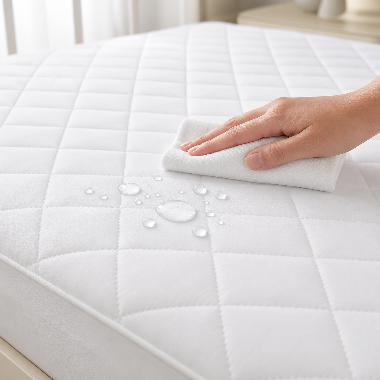 Water beads on a white quilted Xbound mattress protector being blotted with a cloth