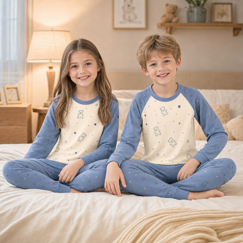 Caucasian American children wearing Xbound blue bear-print long-sleeve pajamas in a warm bedroom