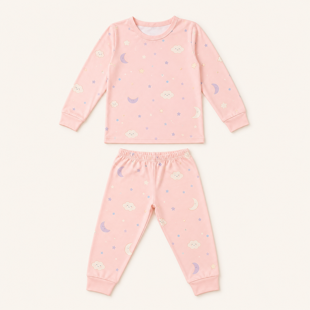 Xbound pink moon-and-cloud long-sleeve kids pajama set flat lay
