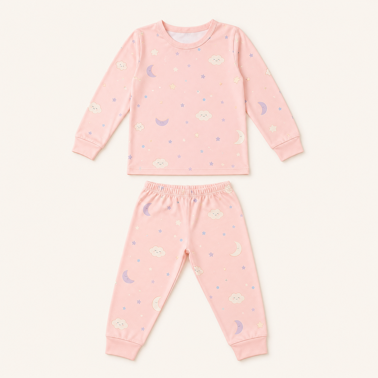 Xbound pink moon-and-cloud long-sleeve kids pajama set flat lay