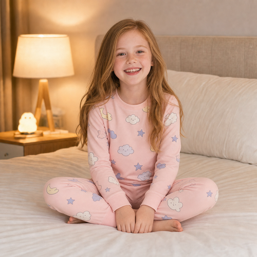 Caucasian American child wearing Xbound pink moon-and-cloud long-sleeve pajamas in a warm bedroom