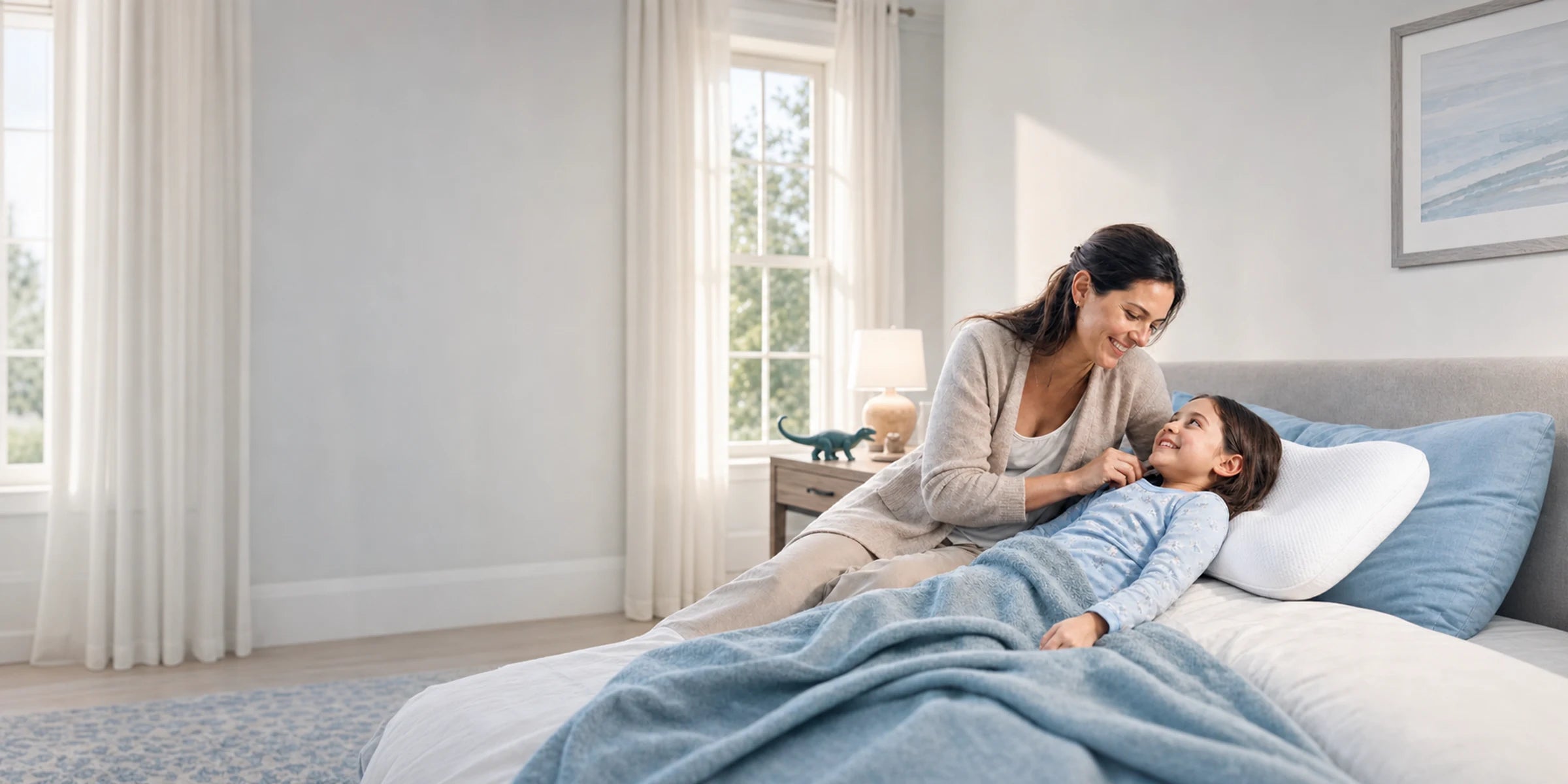 A parent sharing a calm bedtime moment with a child using the Xbound ergonomic pillow