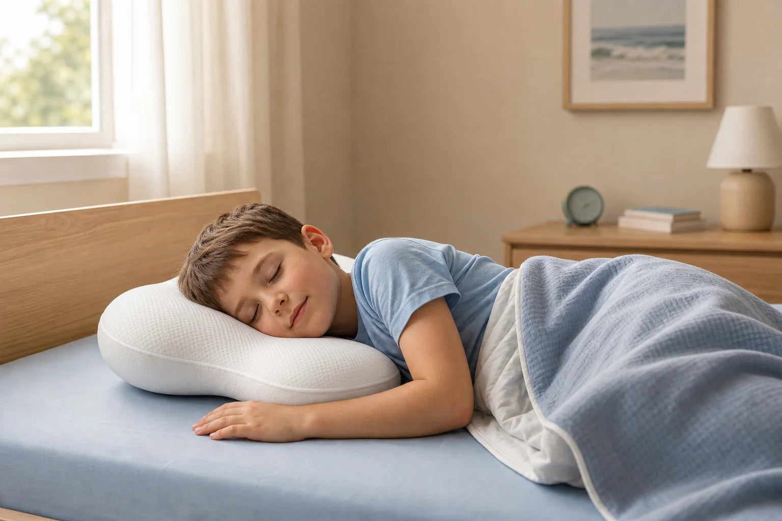 A child sleeping on their side with natural head and neck alignment on the Xbound ergonomic pillow