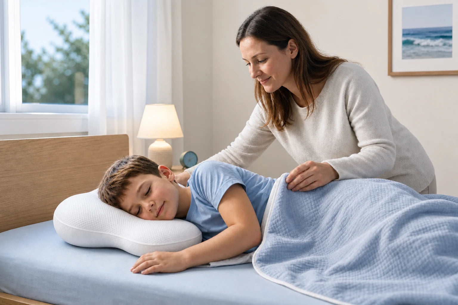 A parent helping a child settle comfortably at bedtime with the Xbound ergonomic pillow